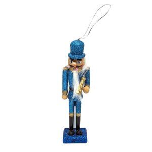 Blue Glitter Nutcracker Christmas Ornament Wood Music Horn 6" Tall